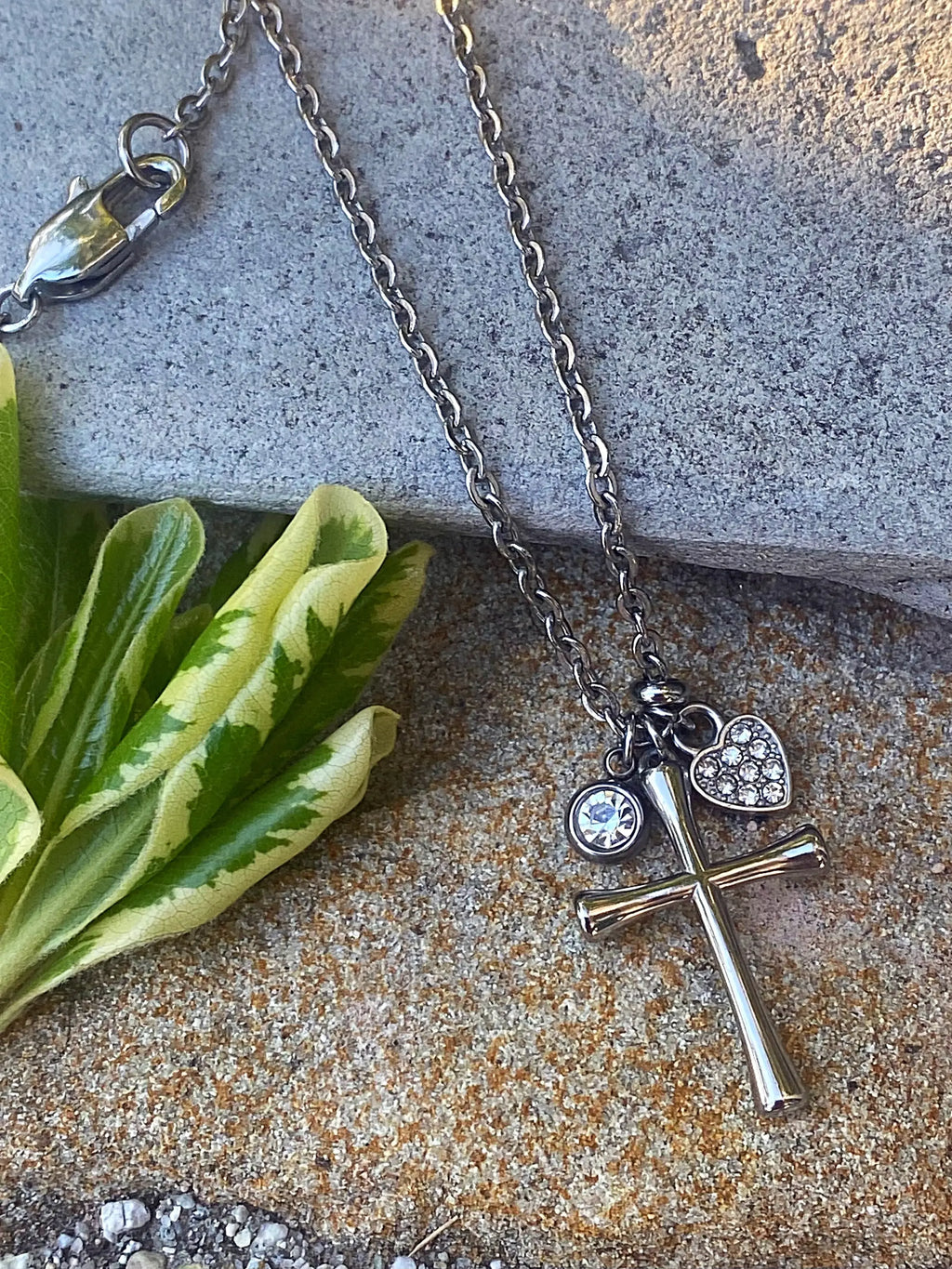 Crystal Heart Cross Necklace – Stainless Steel