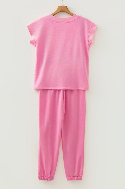 Solid V-Neck Tee & Drawstring Pants Set