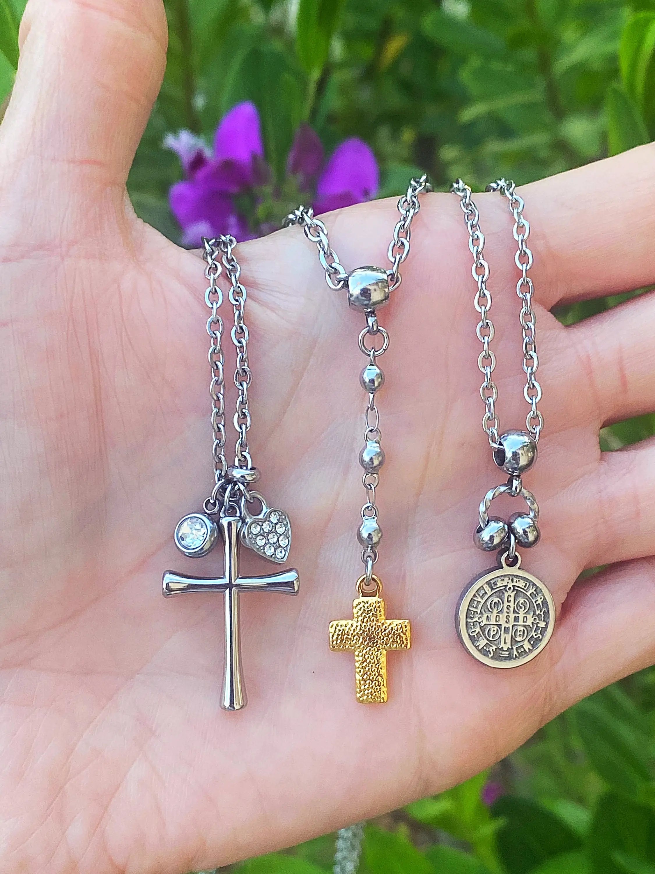 Crystal Heart Cross Necklace – Stainless Steel