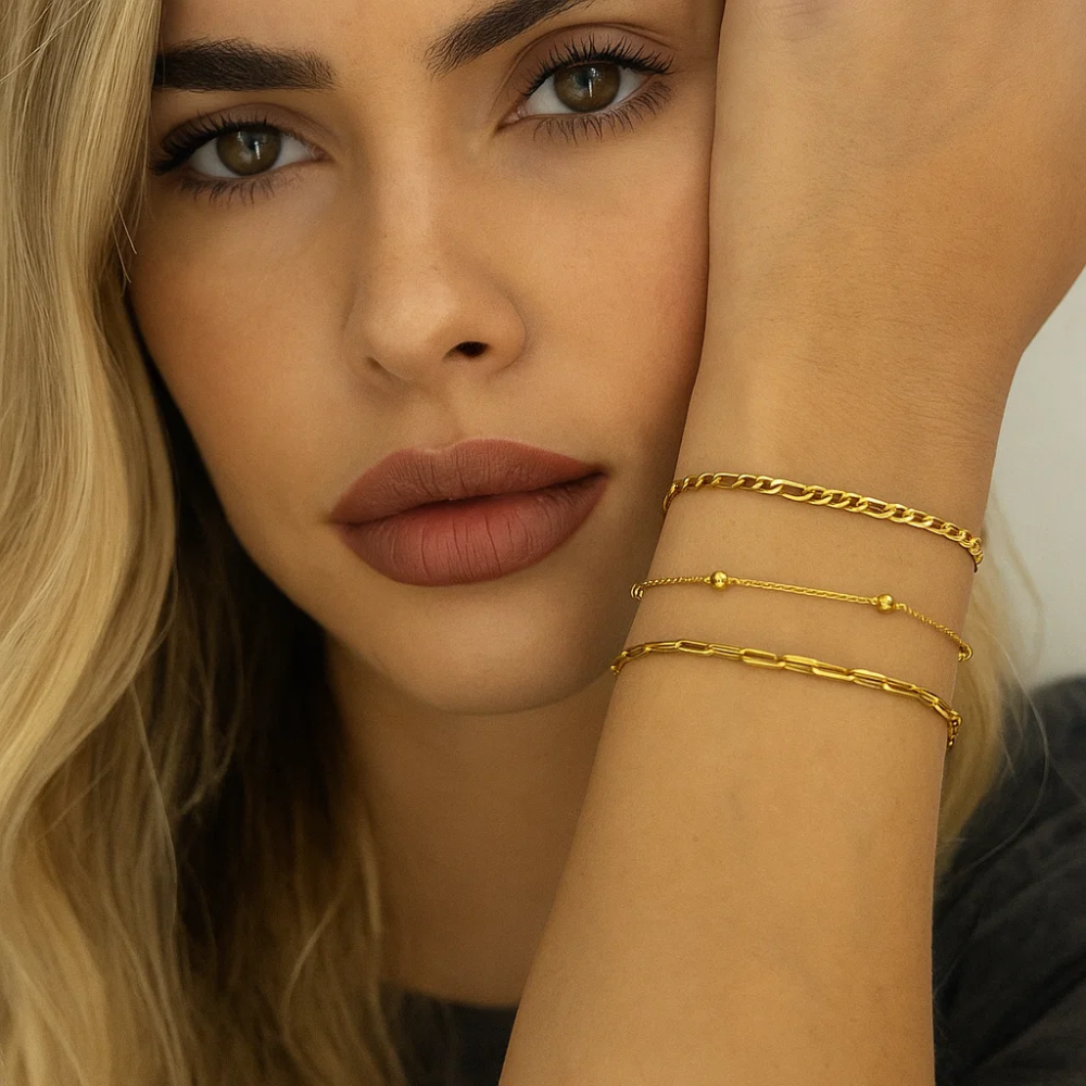 Adriana 3-Piece Stackable Bracelet Trio Set, Beaded, Figaro, Paperclip Link