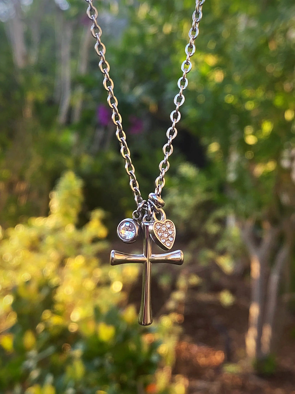 Crystal Heart Cross Necklace – Stainless Steel