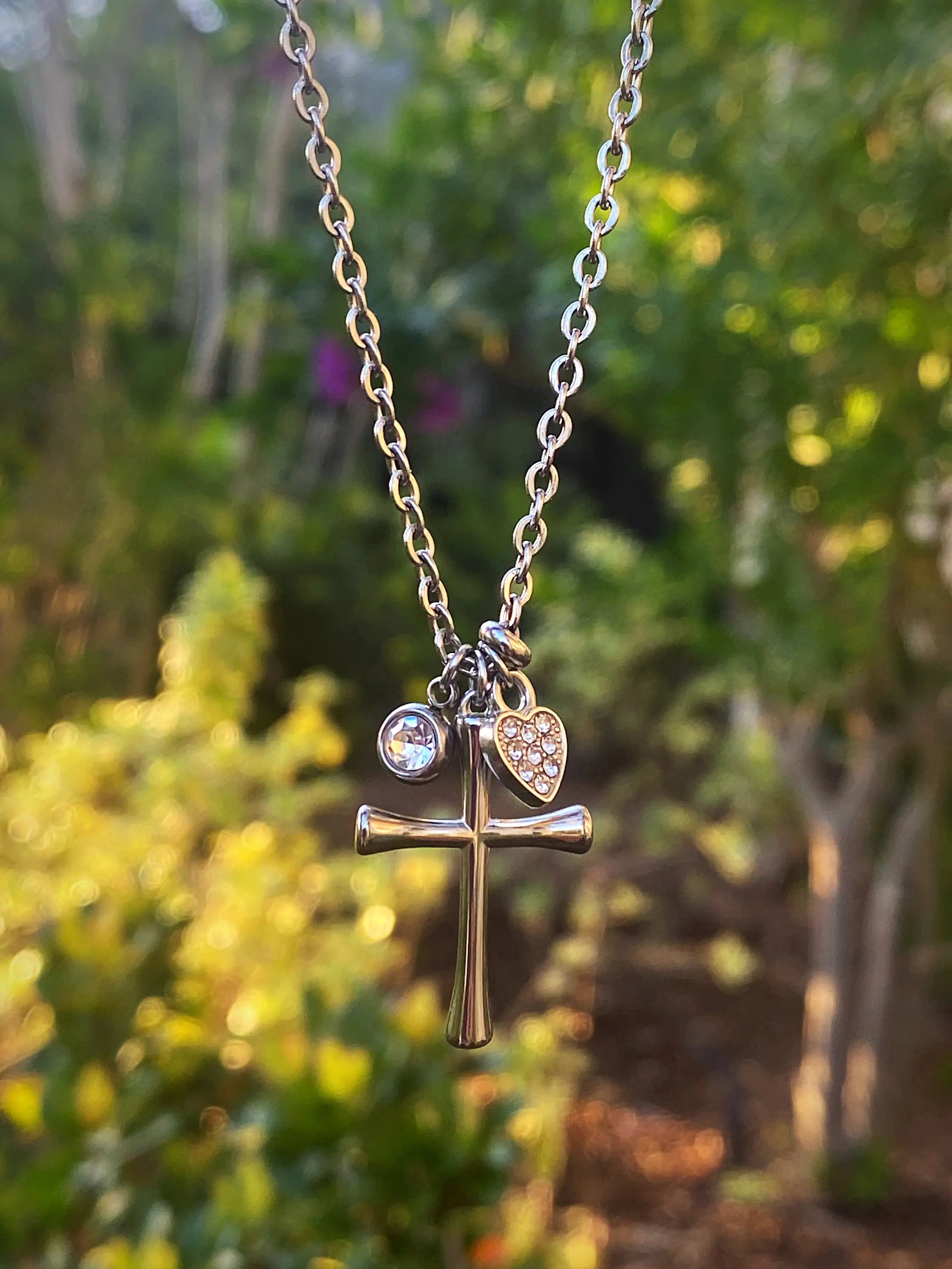 Crystal Heart Cross Necklace – Stainless Steel
