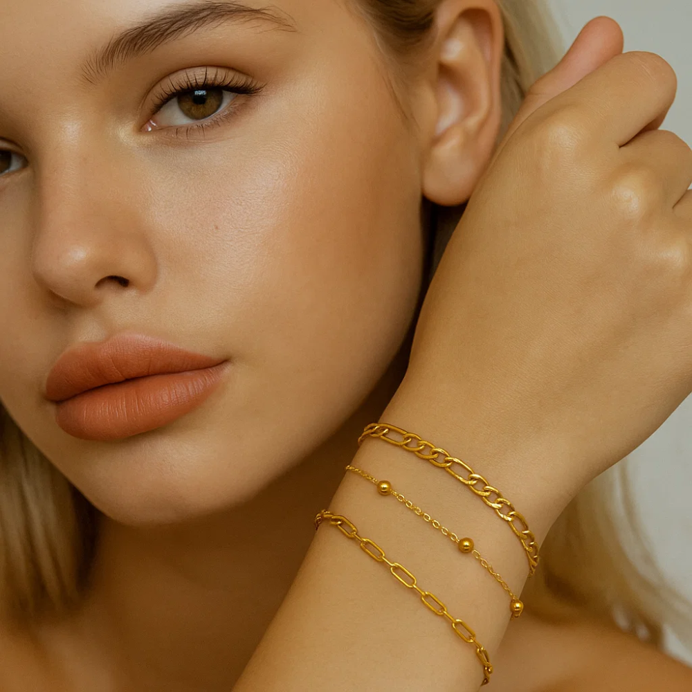 Adriana 3-Piece Stackable Bracelet Trio Set, Beaded, Figaro, Paperclip Link