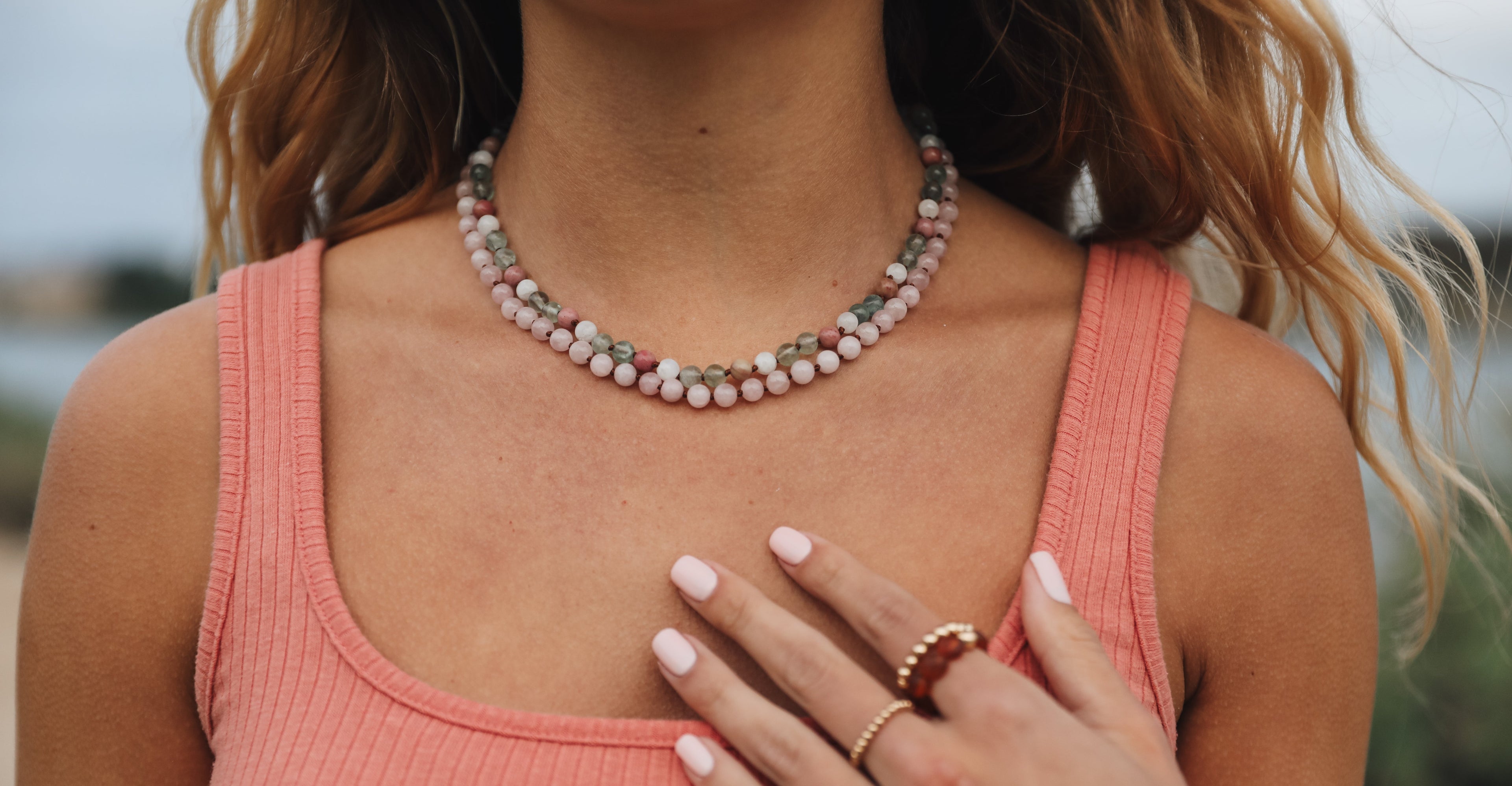 Fluorite + Moonstone + Rhodonite || Natural Gemstone Necklace