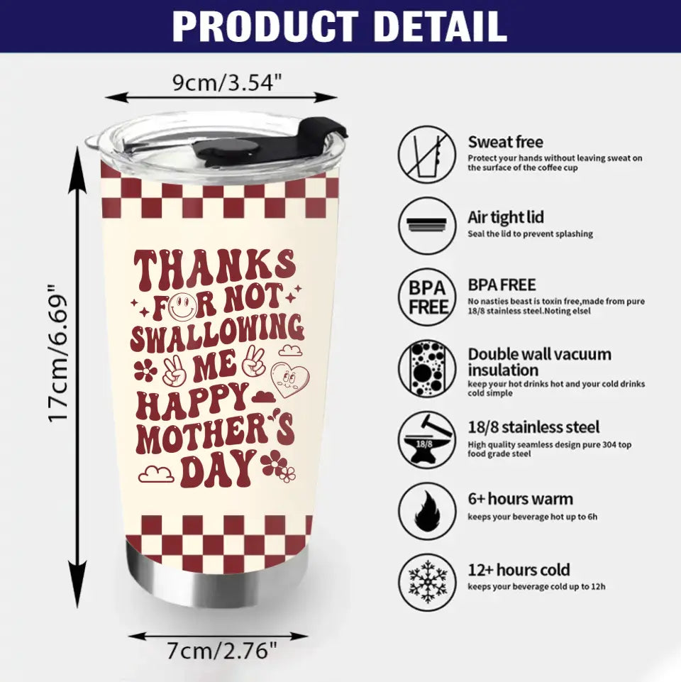 Funny Personalized Mom Tumbler – Thanks For Not Swallowing Us