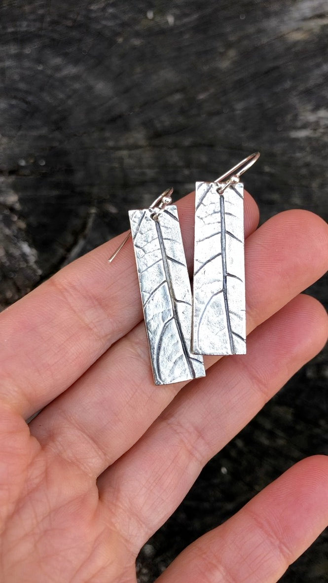 Botanical Leaf Rectangle Earrings — Recycled Sterling Silver