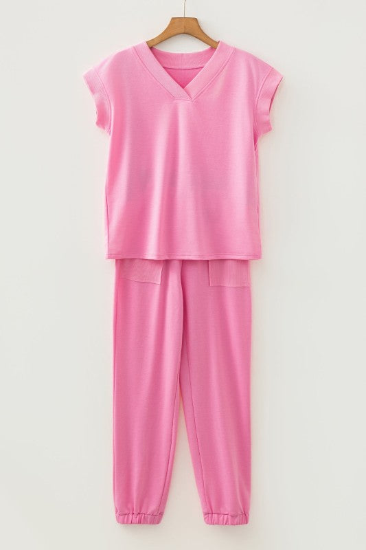 Solid V-Neck Tee & Drawstring Pants Set