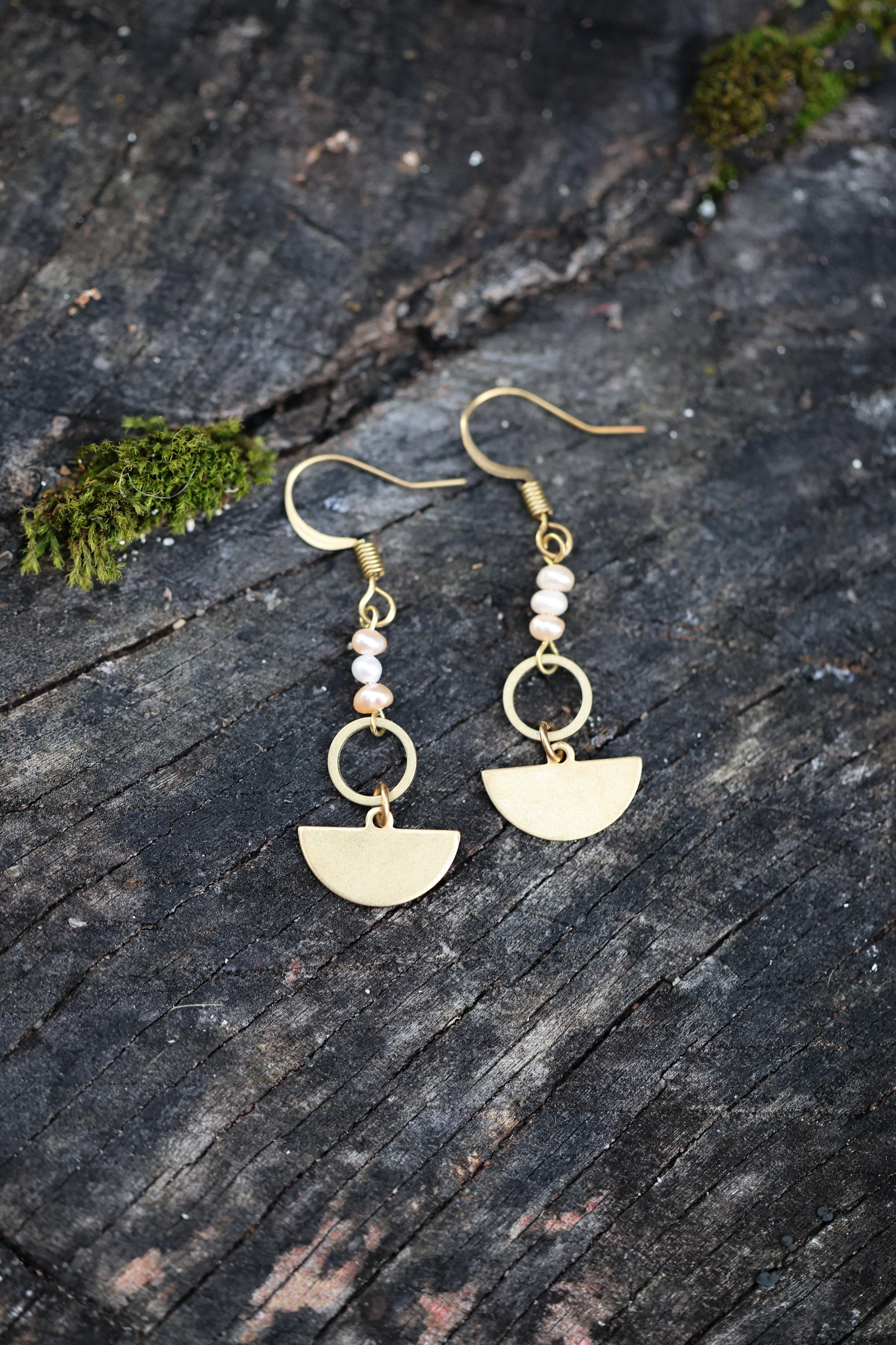 Freshwater Pearl Triplet Earrings — Brass Hoop & Half Circle