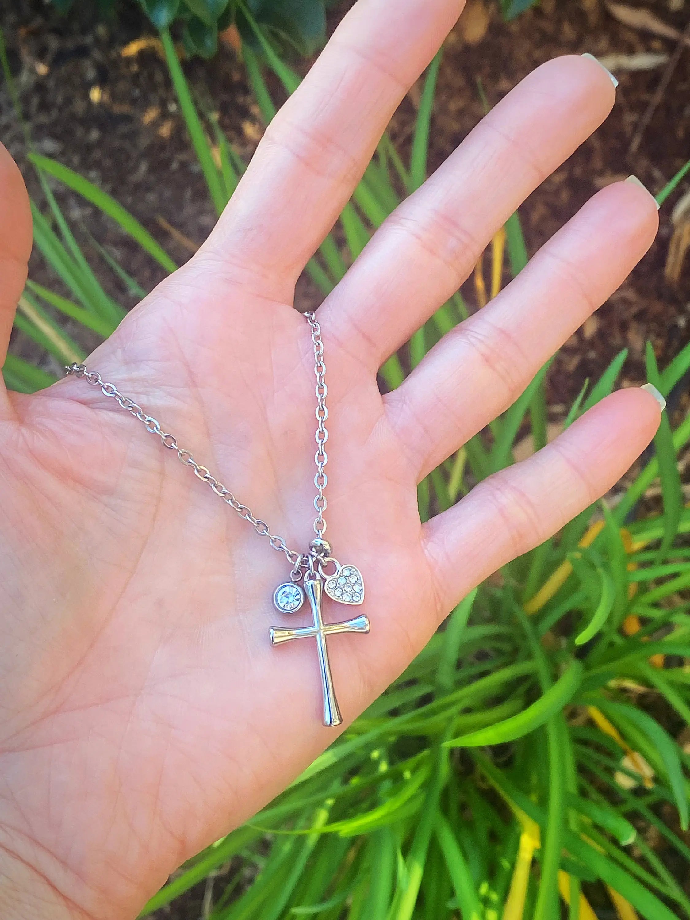 Crystal Heart Cross Necklace – Stainless Steel