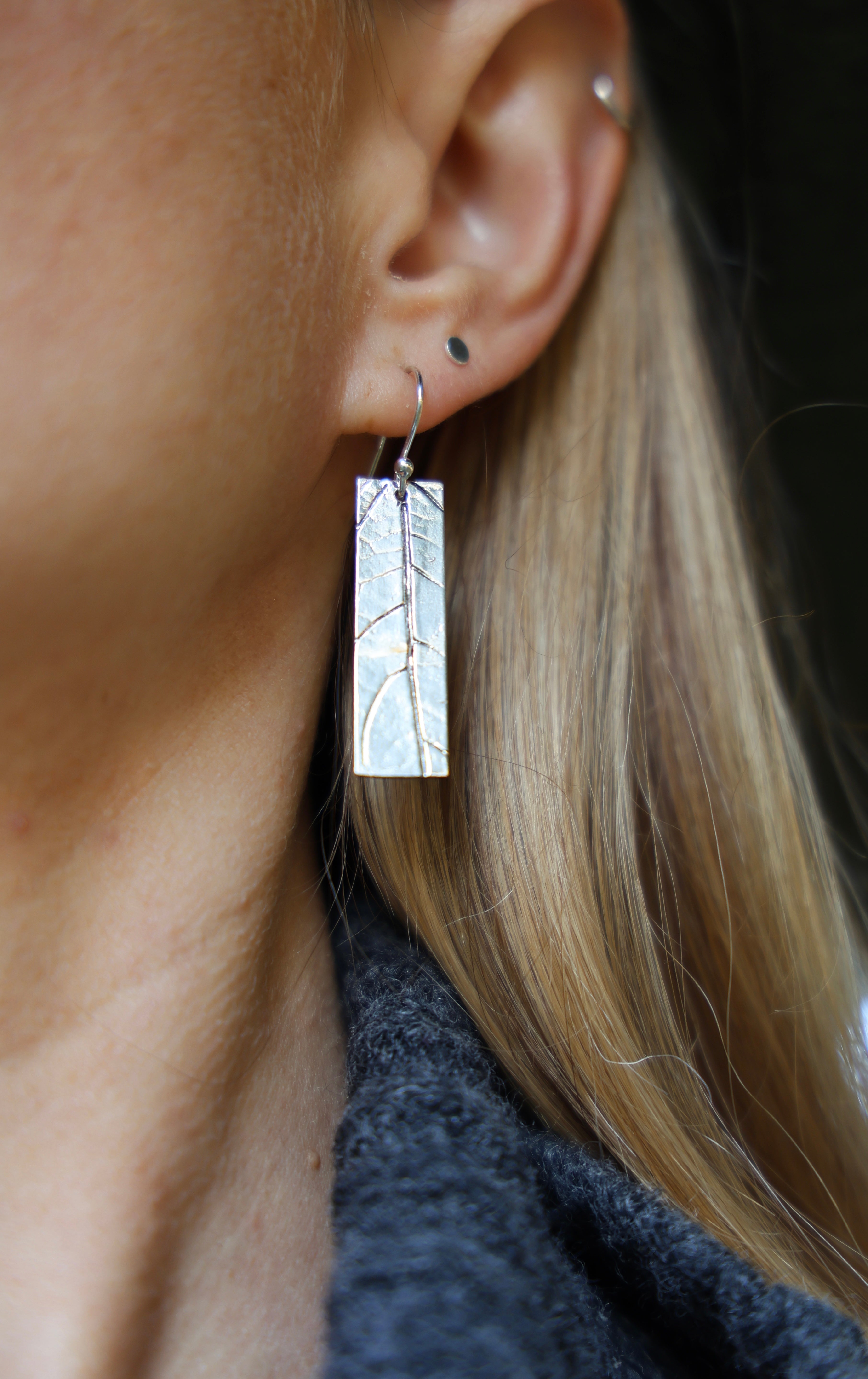 Botanical Leaf Rectangle Earrings — Recycled Sterling Silver