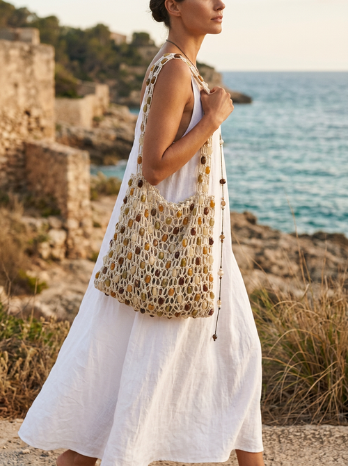 Artisanal Handwoven Gem Bead Crochet Tote Bag
