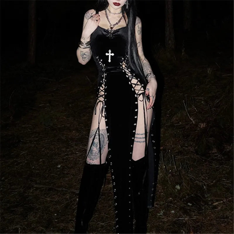 Velvet High-Slit Cross-Back Dress