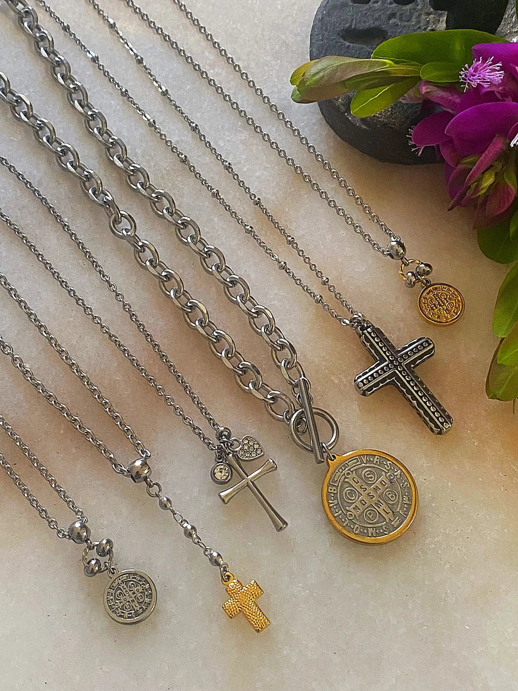 Crystal Heart Cross Necklace – Stainless Steel