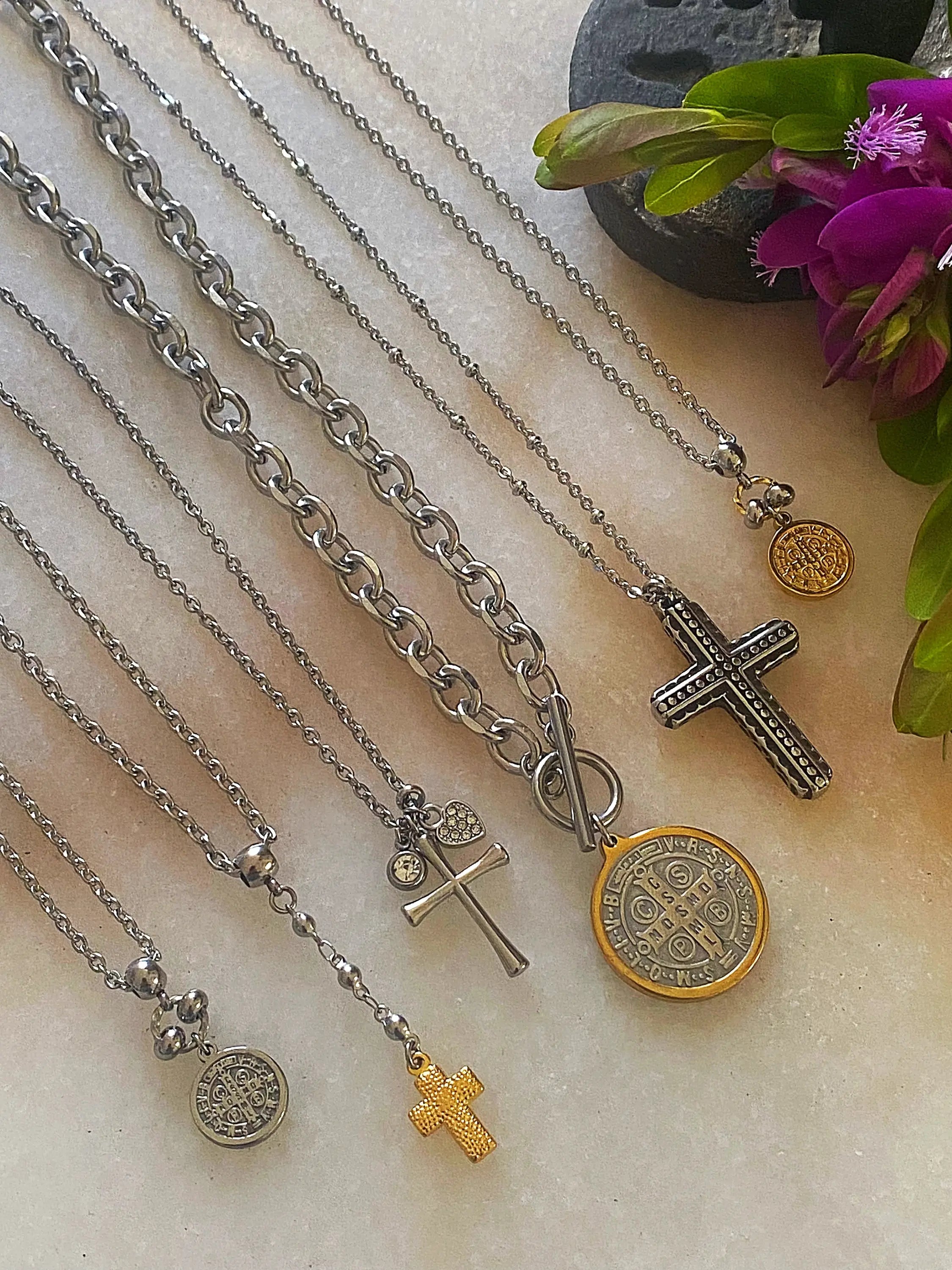 Crystal Heart Cross Necklace – Stainless Steel