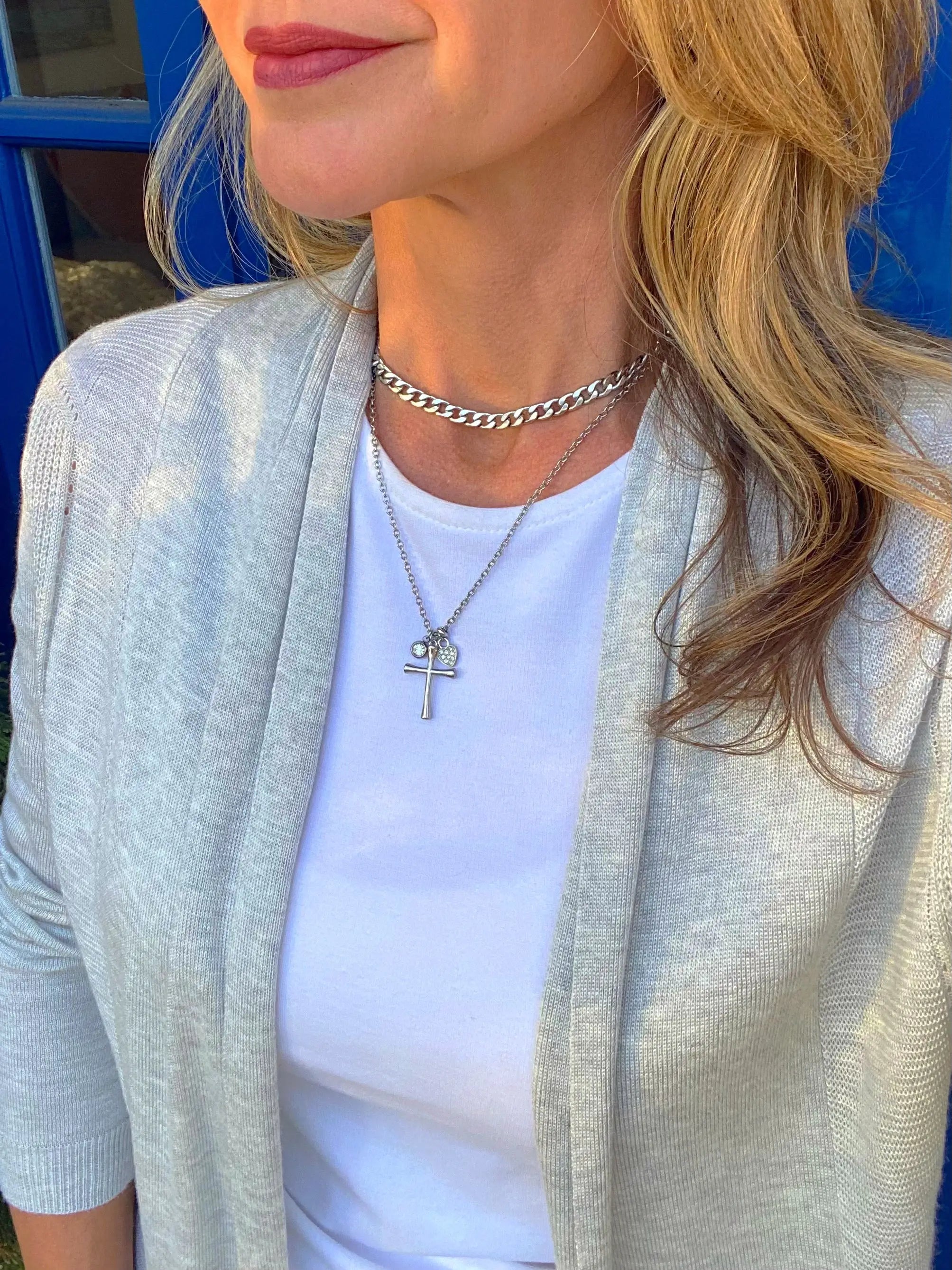 Crystal Heart Cross Necklace – Stainless Steel