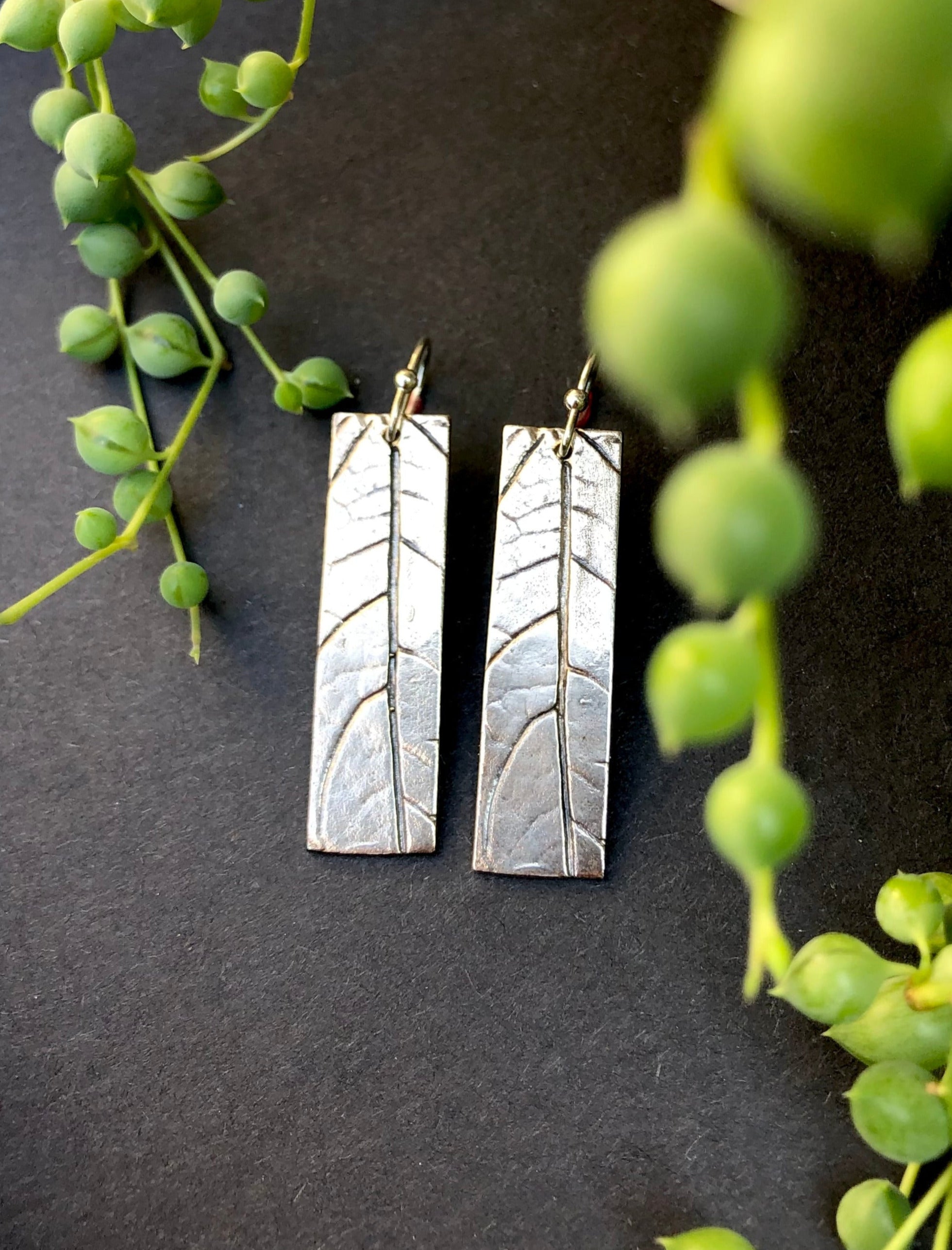 Botanical Leaf Rectangle Earrings — Recycled Sterling Silver