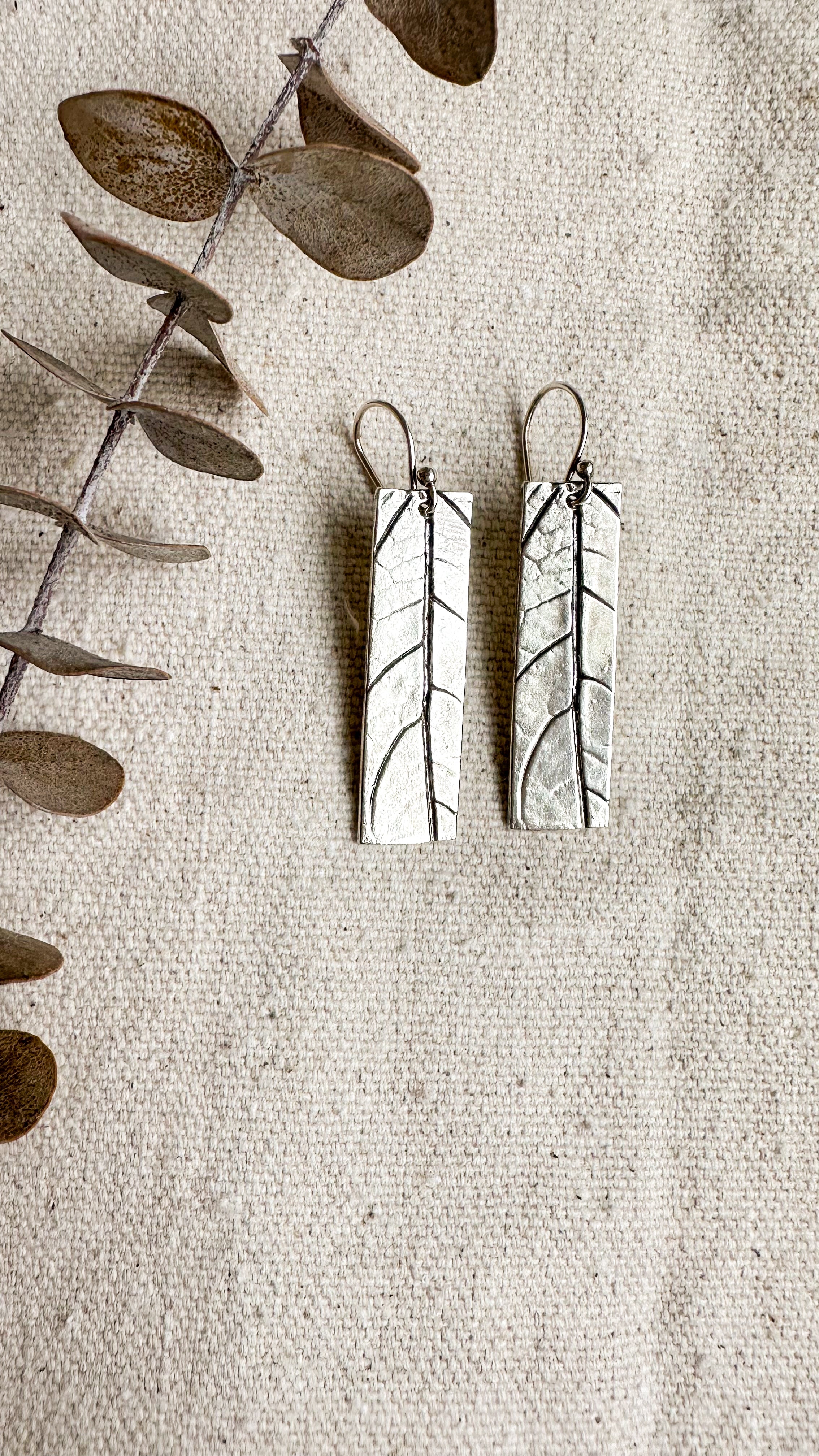 Botanical Leaf Rectangle Earrings — Recycled Sterling Silver