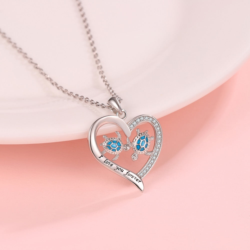 Mom & Daughter Sea Turtle Heart Love Pendant Necklace