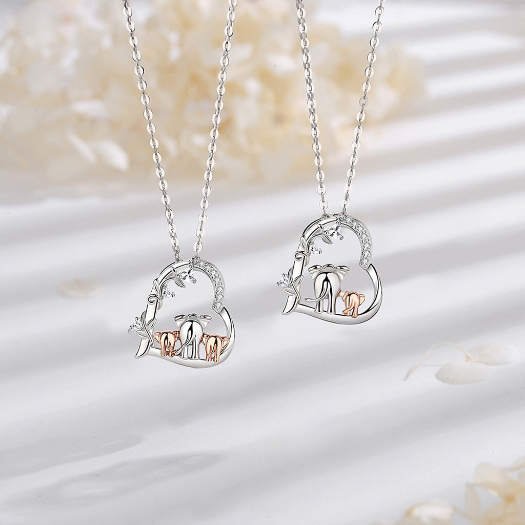 Elephant Mother & Son Sterling Silver Heart Necklace