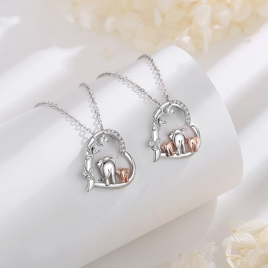 Elephant Mother & Son Sterling Silver Heart Necklace