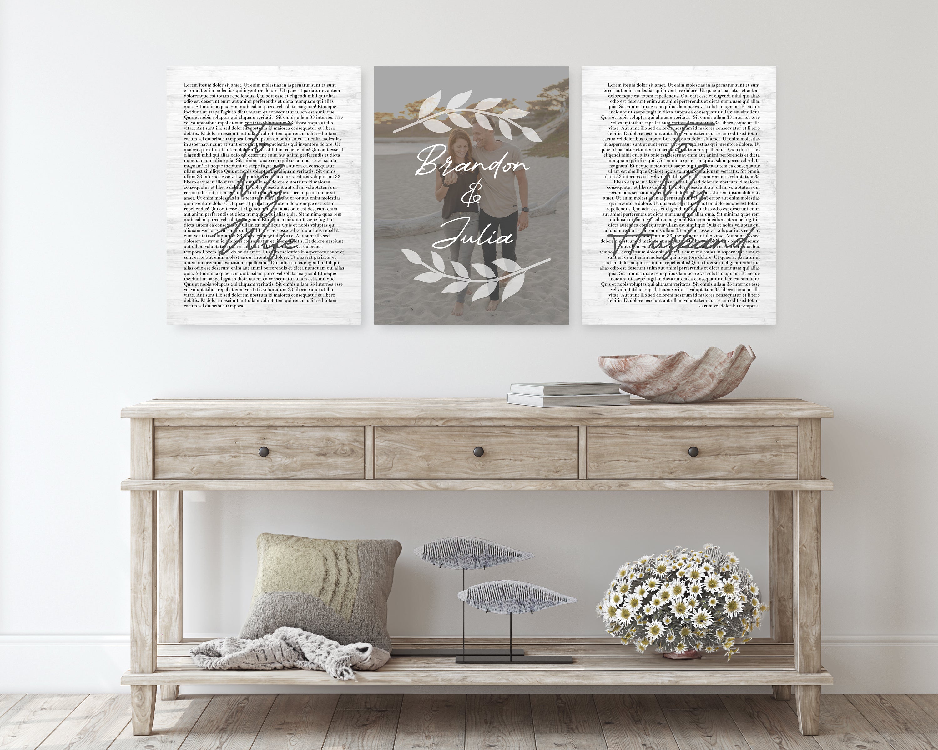 Personalized 3 Panel Wedding Vows Canvas with Names, Ivy and Photo