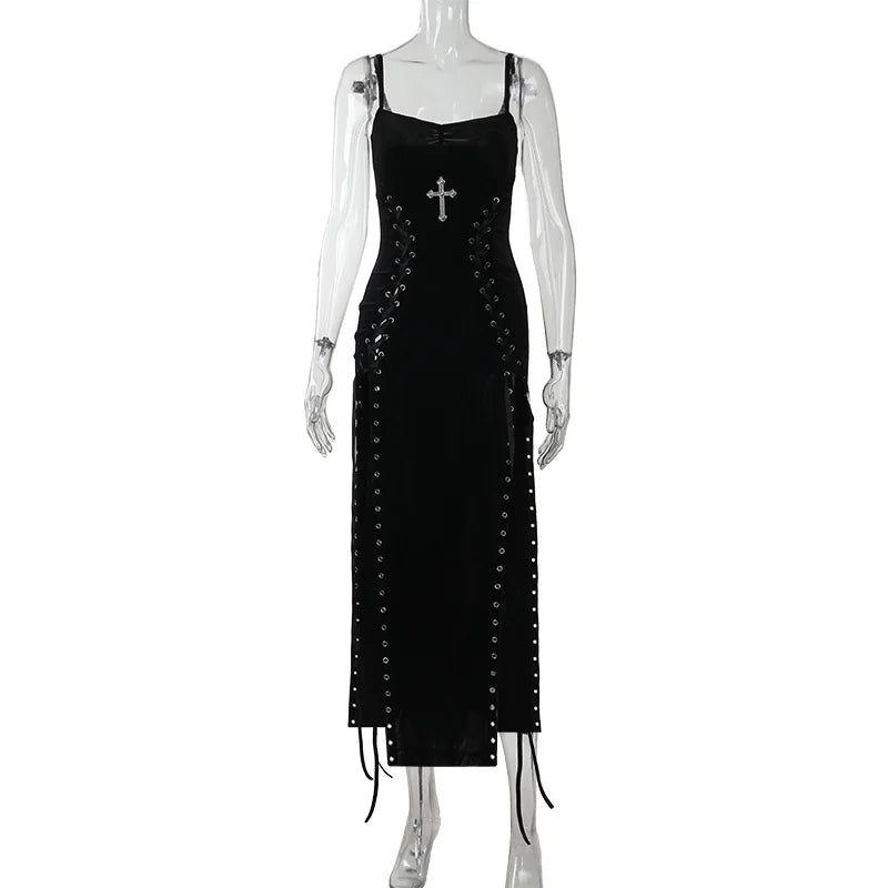 Velvet High-Slit Cross-Back Dress