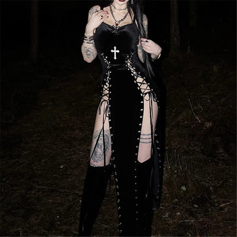 Velvet High-Slit Cross-Back Dress
