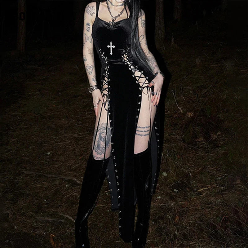 Velvet High-Slit Cross-Back Dress