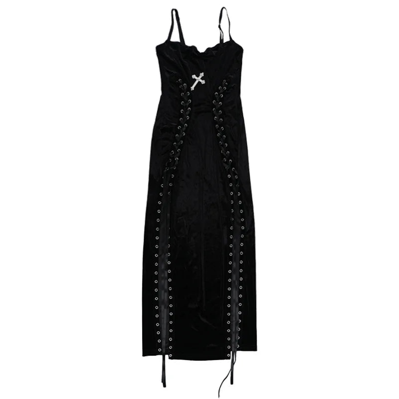 Velvet High-Slit Cross-Back Dress