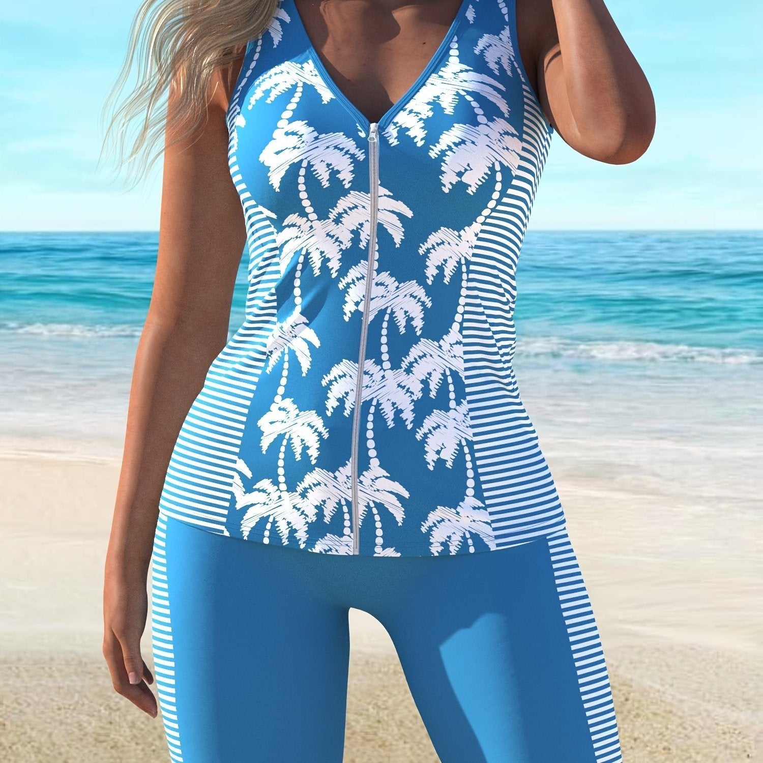 Trendy Blue Striped Tankini Swimsuit Set for Women, Perfect for Beach Leisure.