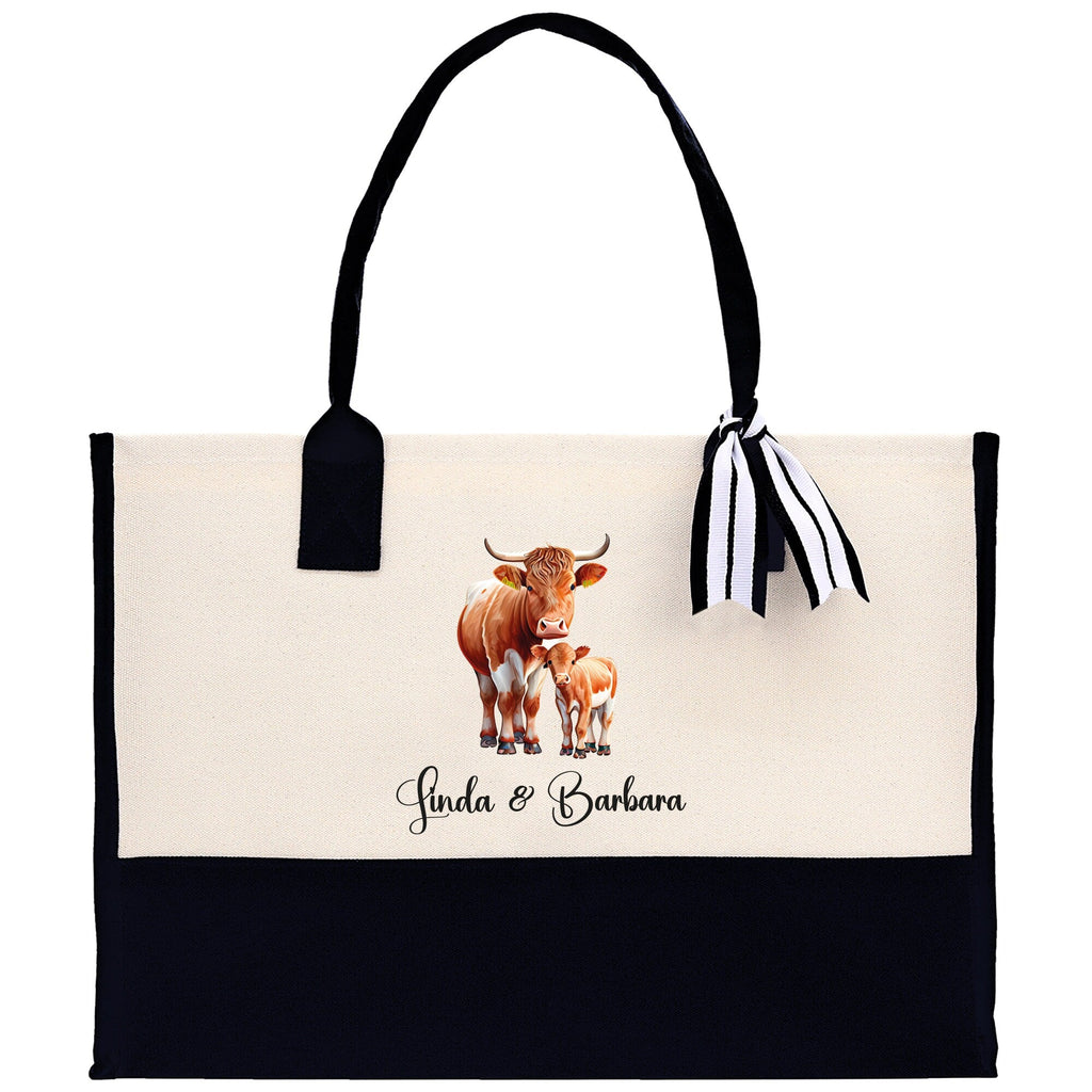 Cow Mom & Baby Custom Name Cotton Canvas Tote Bag