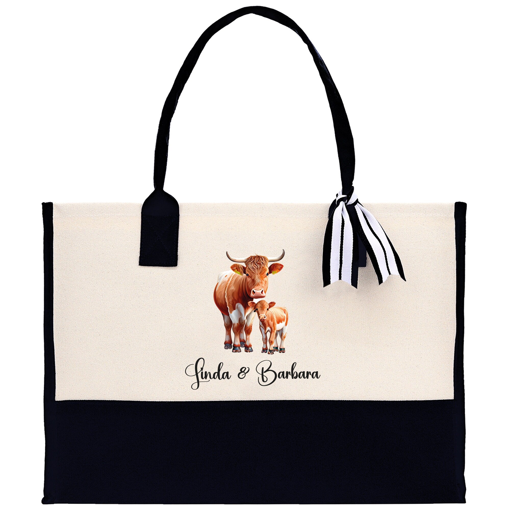 Cow Mom & Baby Custom Name Cotton Canvas Tote Bag