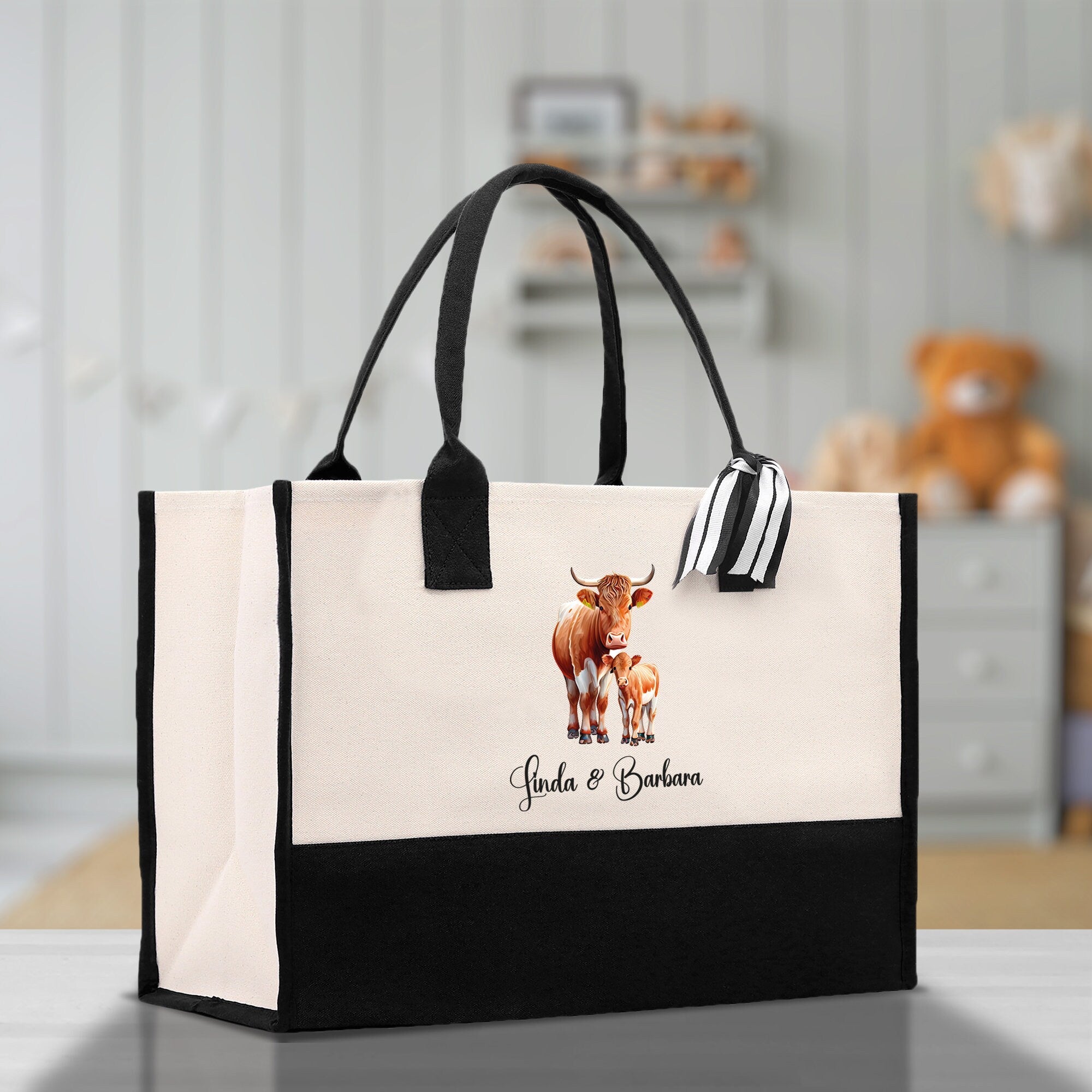 Cow Mom & Baby Custom Name Cotton Canvas Tote Bag
