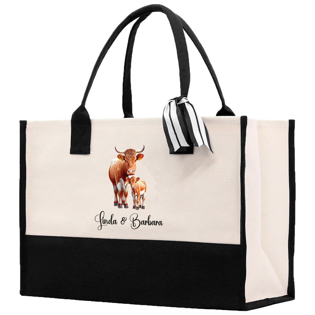 Cow Mom & Baby Custom Name Cotton Canvas Tote Bag