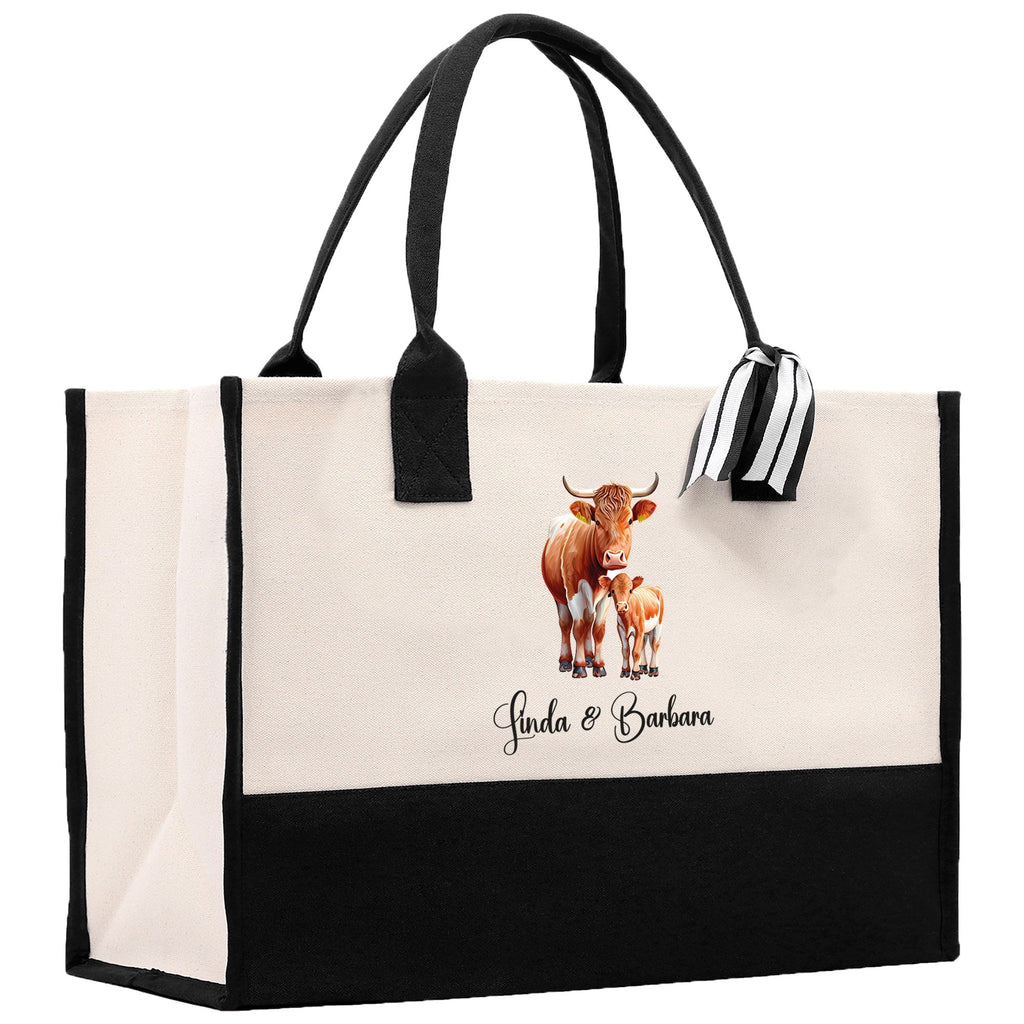 Cow Mom & Baby Custom Name Cotton Canvas Tote Bag